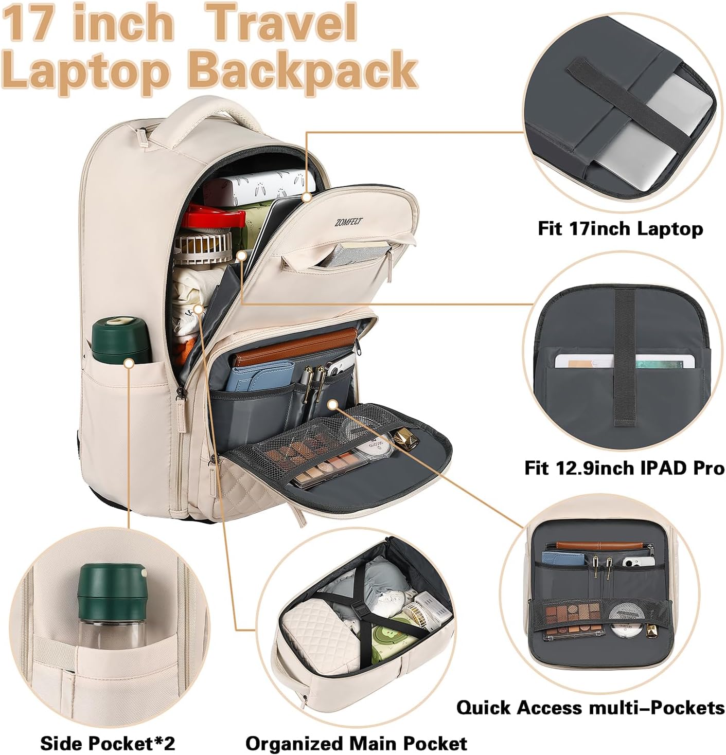 ZOMFELT Mochila con ruedas para mujer, mochila de viaje con ruedas, mochila para laptop de 17 pulgadas con bolsa de aseo, mochila de mano con ruedas