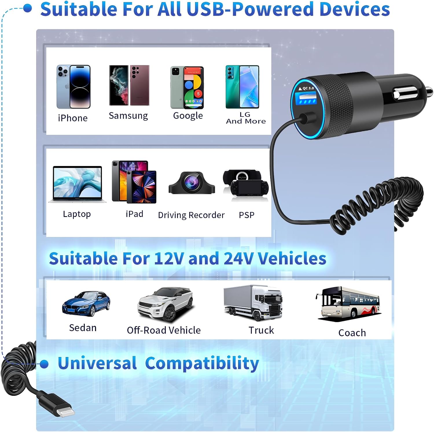 Apple MFi Certified iPhone Charger Fast Car Charging, BARMASO 66W USB-C PD&QC3.0 Power Rapid Car Charger + Built-in 6FT Lightning Coiled Cord Quick