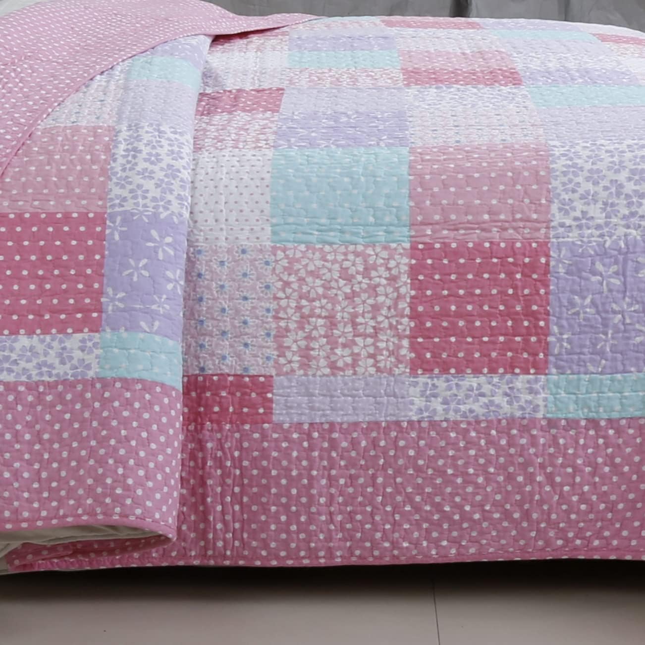 Cozy Line Home Fashions Juego de ropa de cama de 3 piezas con estampado de lunares florales de primavera en colores pastel rosa y morado