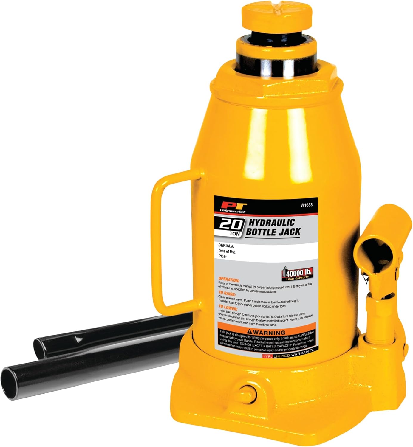 Performance Tool W1633 – Gato hidráulico de 20 toneladas (40,000 libras) Gato hidráulico de botella resistente