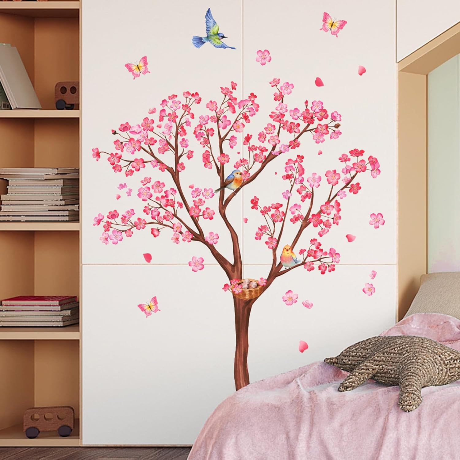 Calcomanías de pared de árbol de flores rosadas, calcomanías de pared de pájaros en ramas, decoración de pared de flores rosas para dormitorio, sala