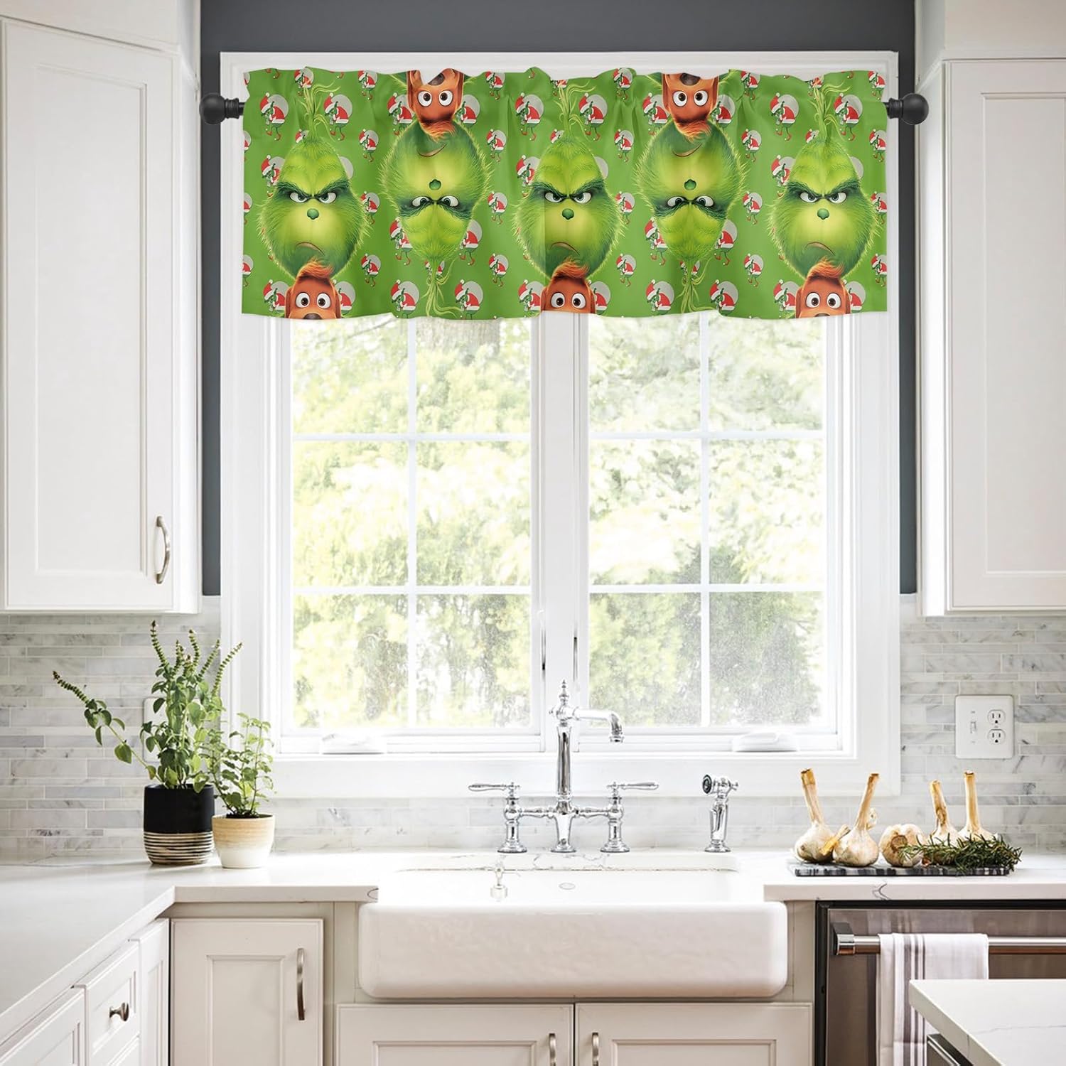 Cenefa de ventana de Navidad de monstruo verde para cocina, sala de estar, cortina de ventana de Feliz Grinchmas para dormitorio, cenefa de ventana