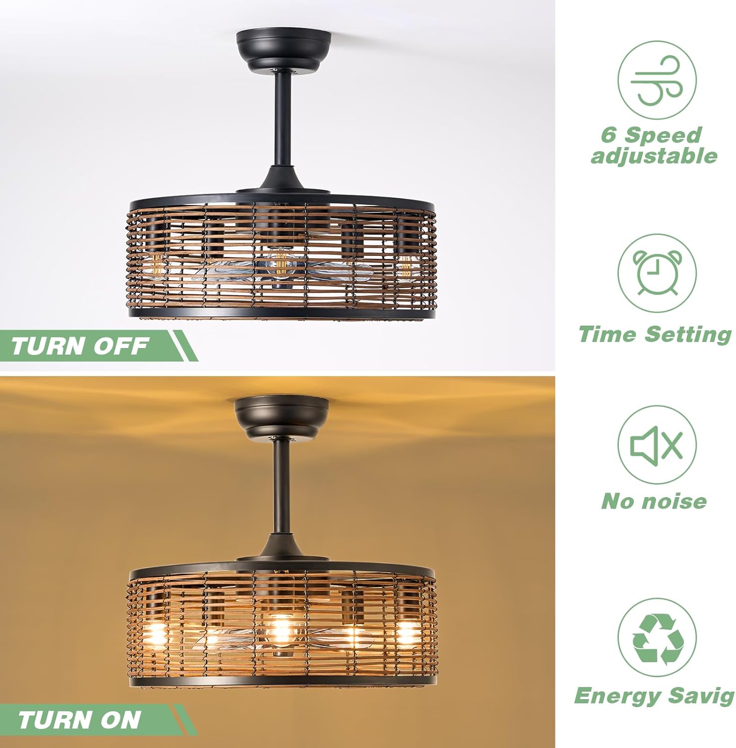 HOMKEA Ventilador de techo bohemio de ratán con control remoto de luz, montaje empotrado, ventiladores de techo enjaulados de granja de 20 pulgadas