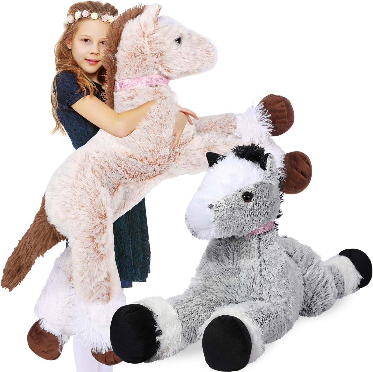 2 piezas de caballo gigante de peluche de caballo largo, almohada de peluche grande de caballo de peluche, gran regalo para niños, Navidad, día de