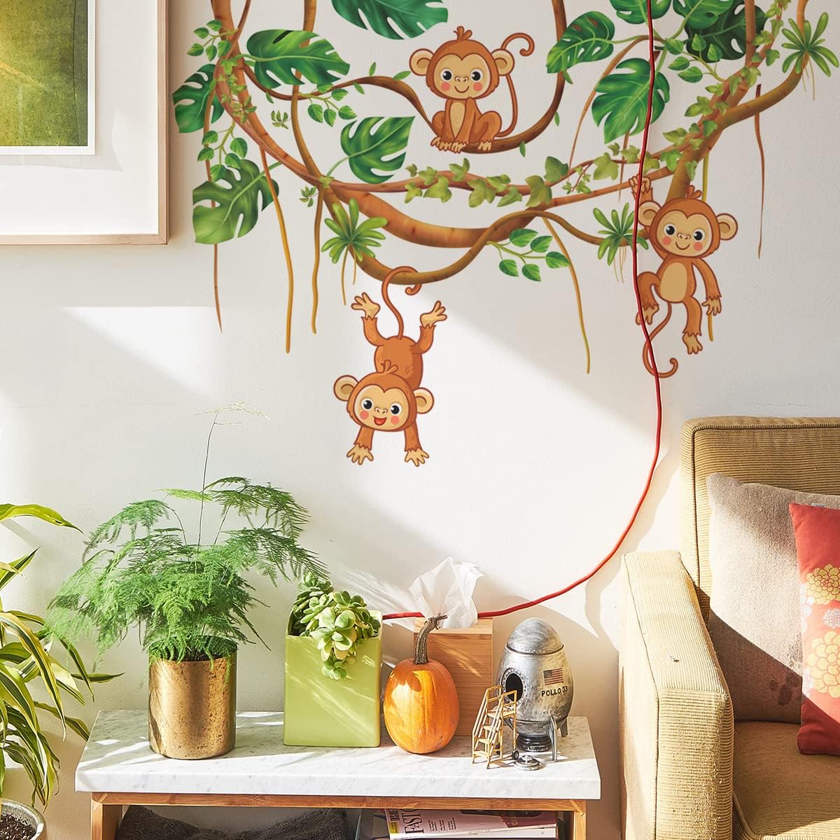 Calcomanías de pared de animales para despegar y pegar, calcomanías de pared de árboles de monos para habitación de los niños, decoración de pared