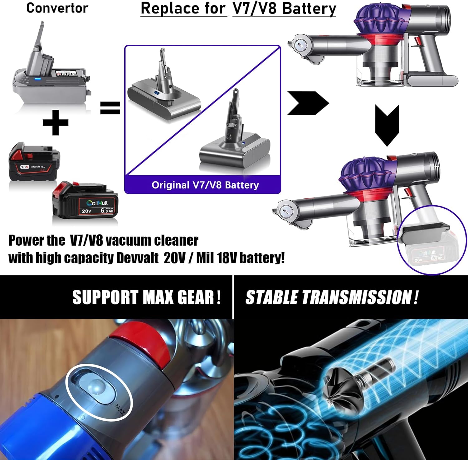 Adaptador V7V8 para batería de aspiradora V7+V8, conversión para Devvalt 20VMil 18V Batería de litio Reemplazo para V7 V8 Animal Absolute Stick