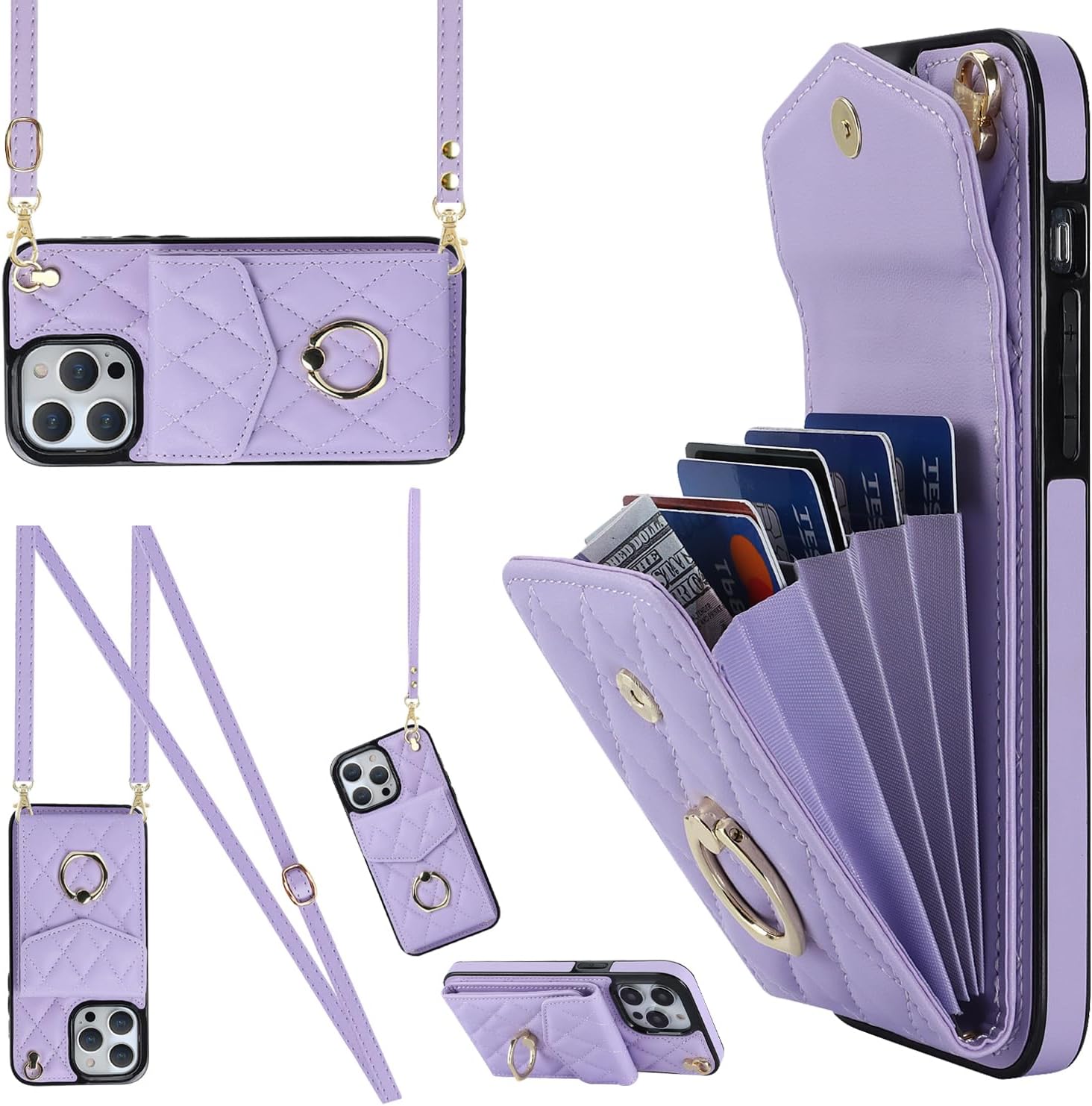 CHENRLIAN Compatible with iPhone 15 Pro Max Wallet Case with Card Holder, 360 Rotation Finger Ring Holder Kickstand, Leather Wallet Case and