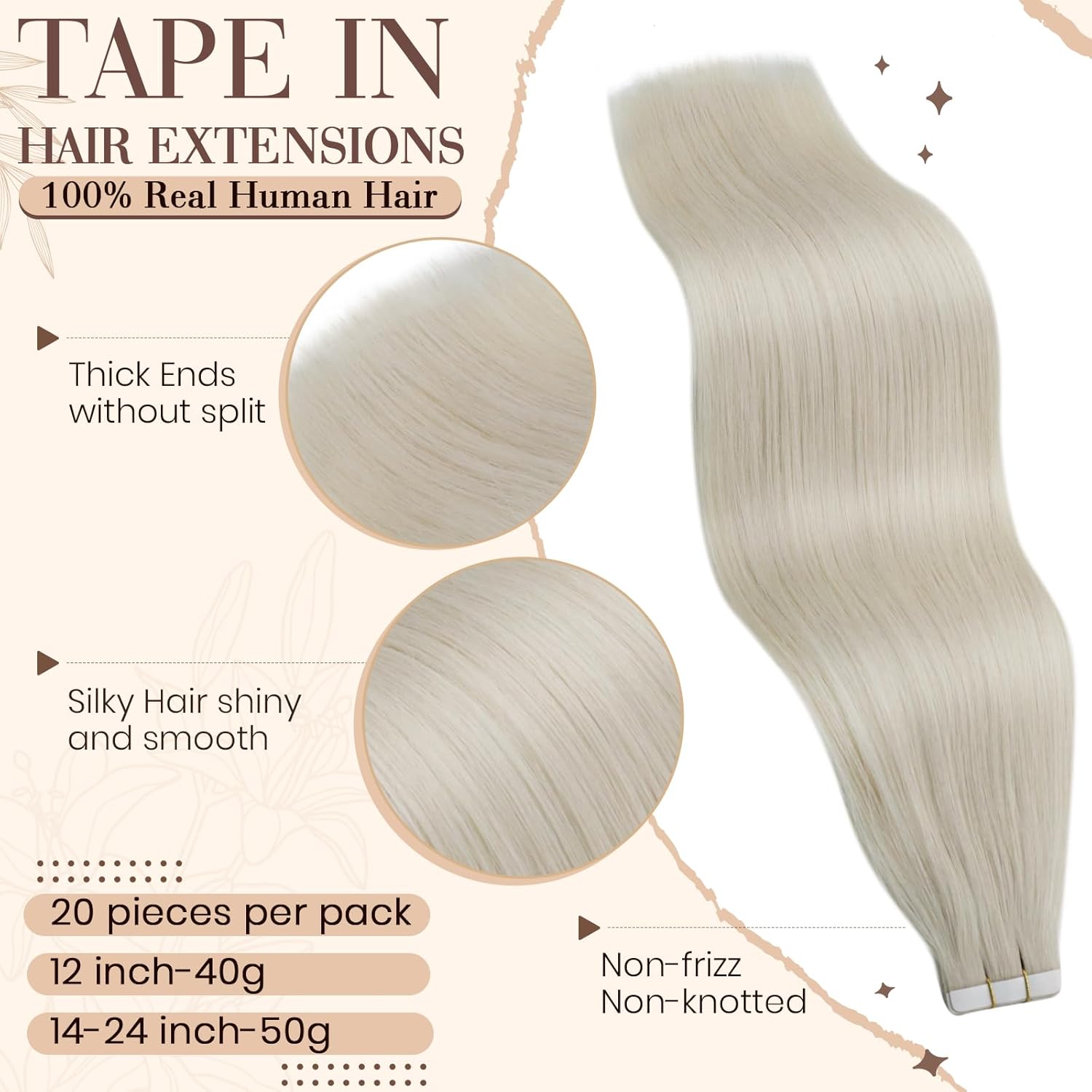 Hetto Extensiones de cabello humano con cinta adhesiva, extensiones de cabello rubio #60, 12 pulgadas, extensiones de cabello Remy lacio natural,