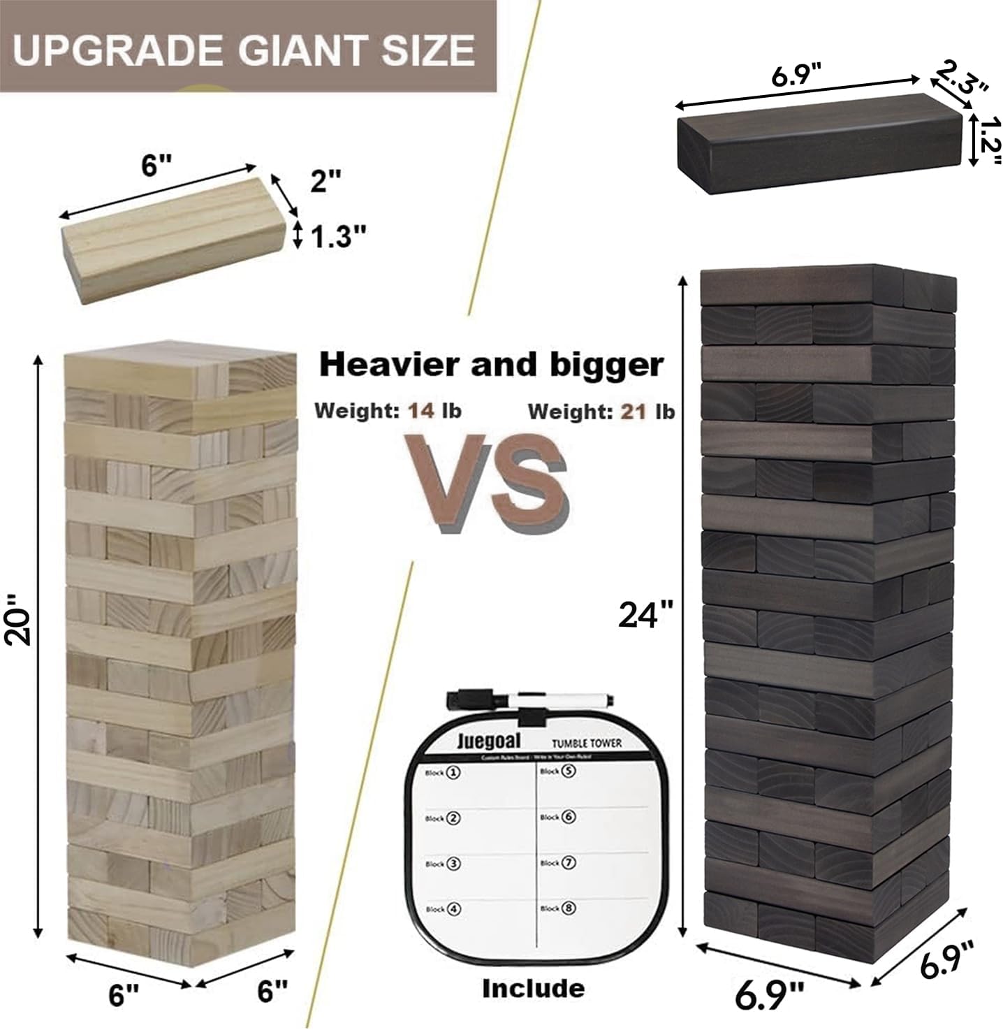 Juegoal Torre gigante de 54 piezas gris para adultos y niños, juego de apilamiento de bloques de madera con tablero de juego y bolsa de lona, juegos