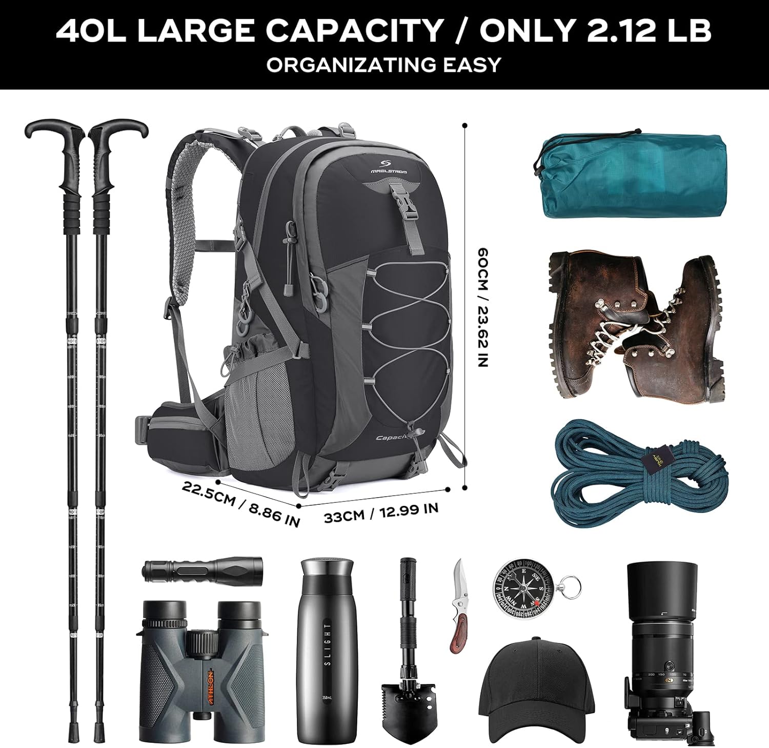 Maelstrom Mochila de senderismo para hombres, mochila de campamento, mochilas de senderismo impermeables con funda de lluvia, mochila ligera de 40 L