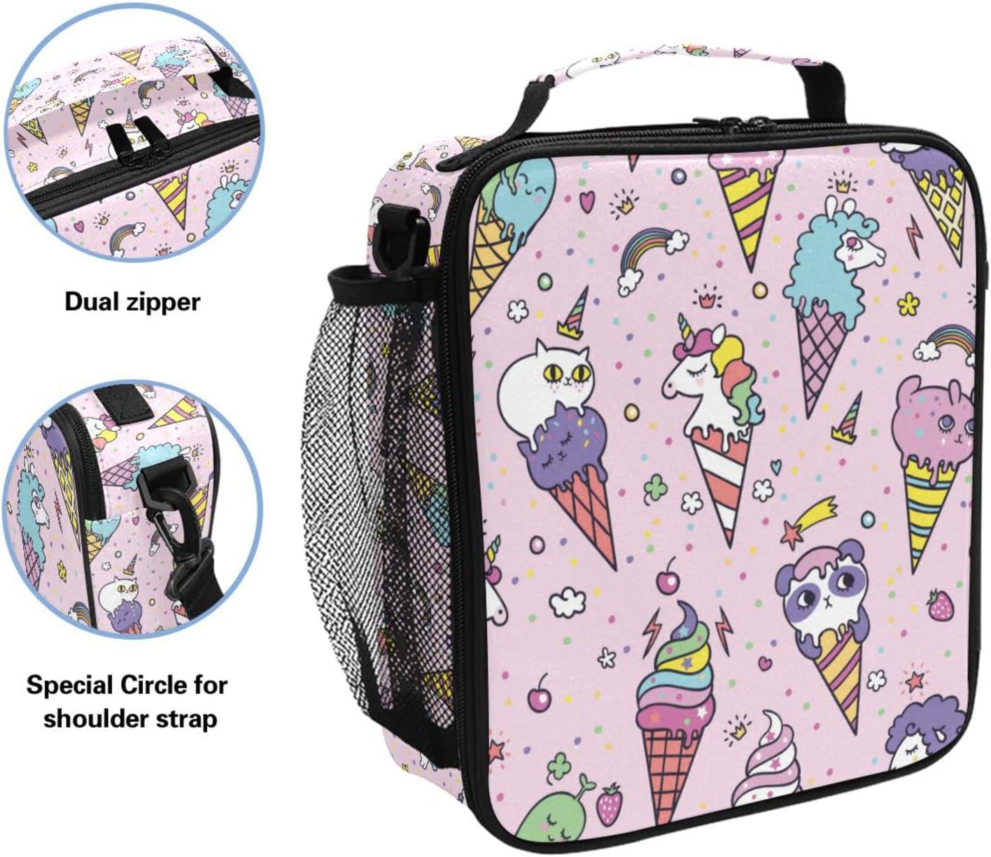 Linda bolsa de almuerzo con diseño de cono de unicornio y lunares rosados para niñas y niños, lonchera pequeña con aislamiento térmico para niños