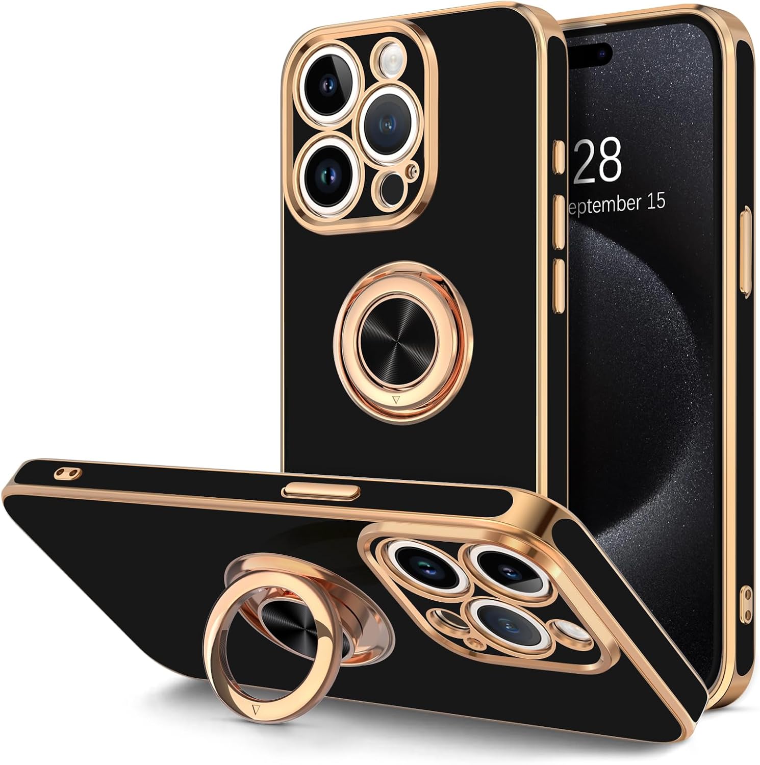 Hython Funda para iPhone 15 Pro con soporte de anillo, soporte de anillo giratorio de 360, soporte magnético, chapado en oro rosa, cubierta suave,