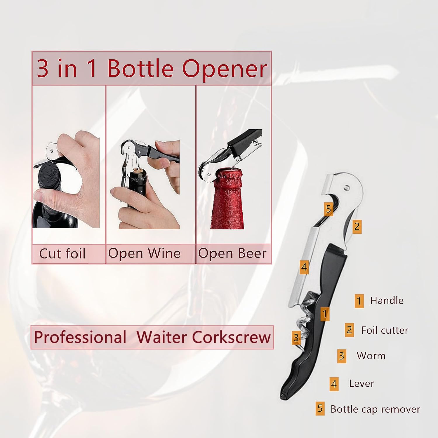 Sacacorchos de acero inoxidable para camarero, paquete de 4, abridor de vino de viaje, llave de vino profesional manual para servidores, sacacorchos