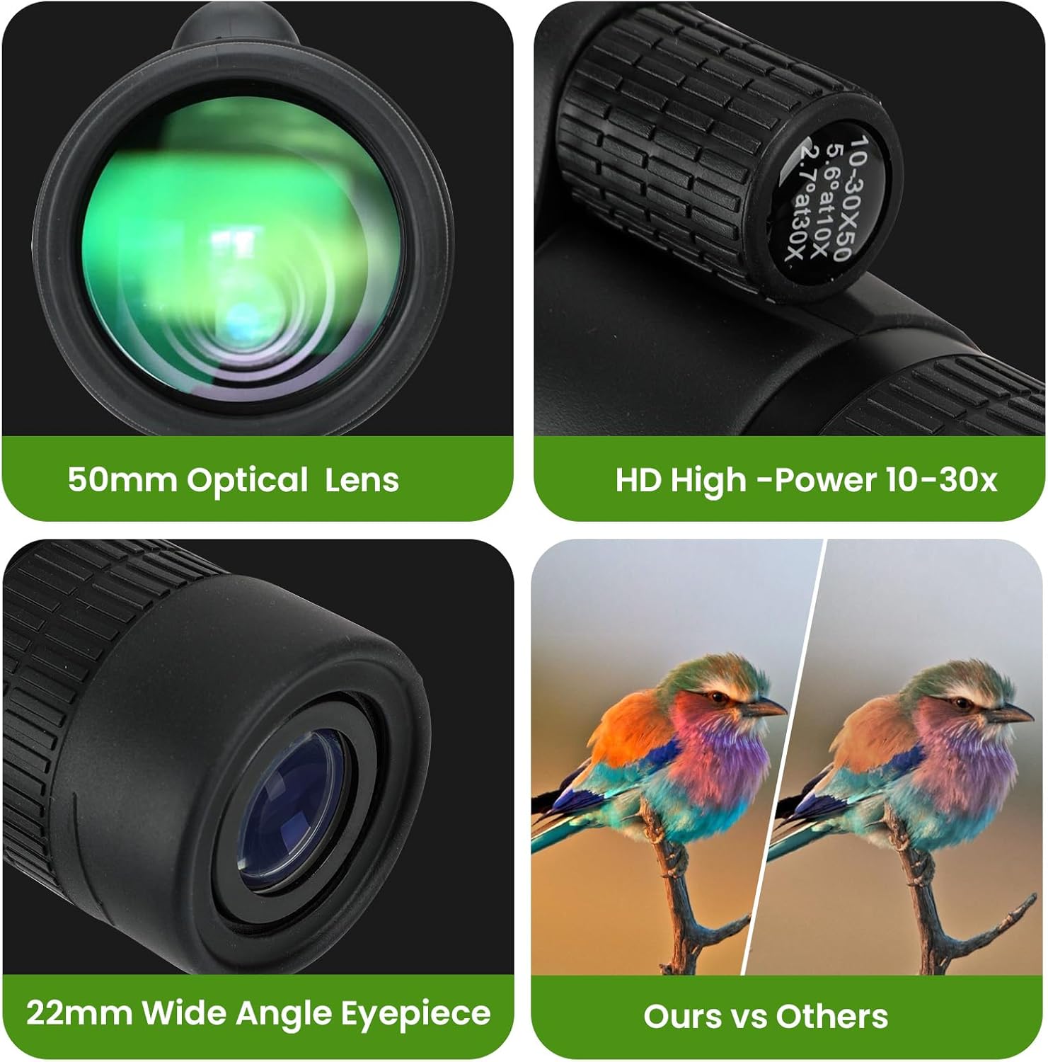 Telescopio monocular de 10-30×50 con adaptador para teléfono inteligente, telescopio de mano de alta potencia de baja visión nocturna, regalo de