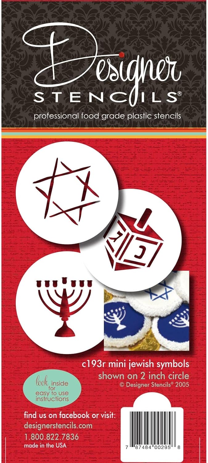 Designer Stencils Jewish Symbols – Plantillas de galletas y cupcakes, pequeñas, (Dreidel, Star of David, Menorah), Beigesemitransparente