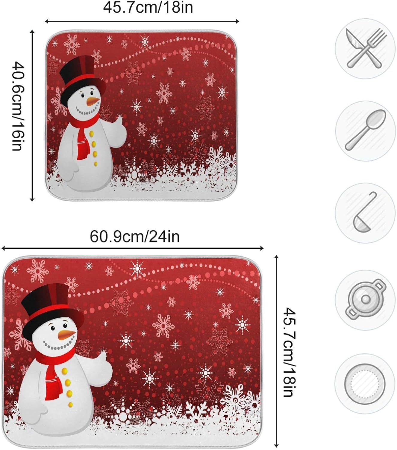 Tapete de secado de platos de copos de nieve de Navidad, muñeco de nieve, muñeco de nieve, 16 x 18 pulgadas, muñecos de nieve de Navidad,