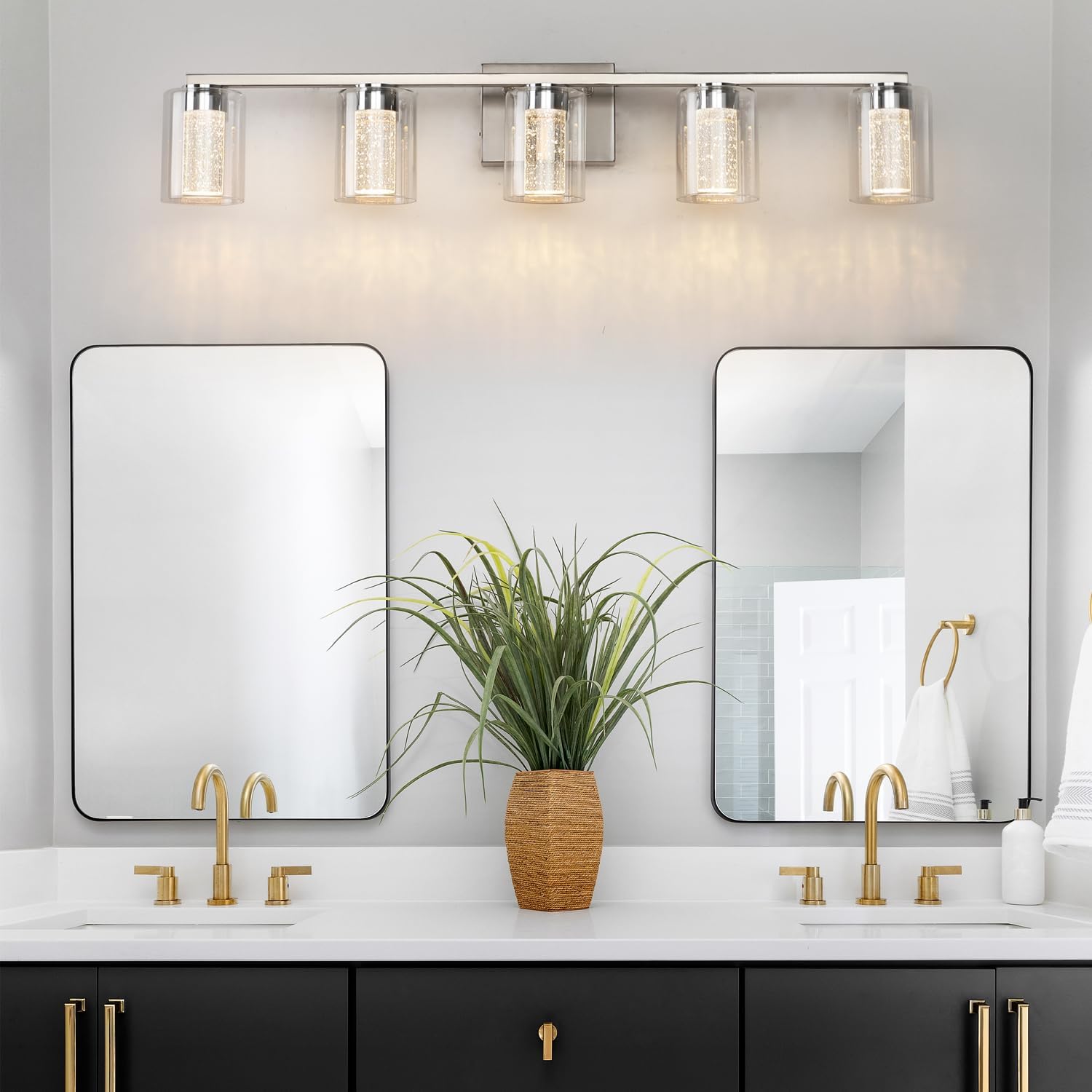 Lámpara de tocador de 5 luces de níquel cepillado con 3 modos de color (3000 K4000 K6500 K), lámpara LED de baño con protección ocular, luz de pared