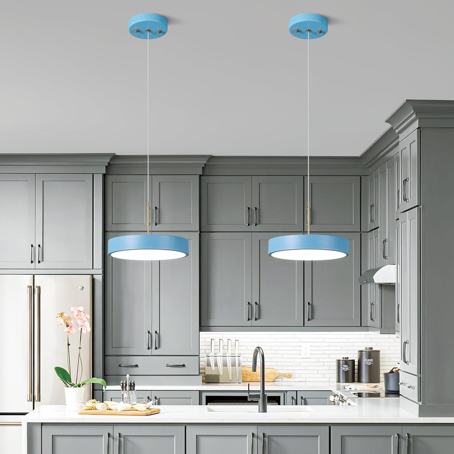 Lámpara colgante LED moderna de 9.05 pulgadas, lámpara colgante con forma acrílica azul regulable de 6000 K para comedor, cocina, isla y sala de