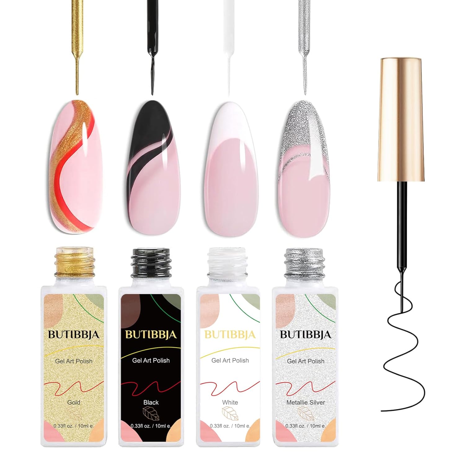 Juego de 4 esmaltes de gel para arte de uñas, colores negro, blanco, dorado, plateado, purpurina, forros de esmalte de uñas de gel con pincel fino