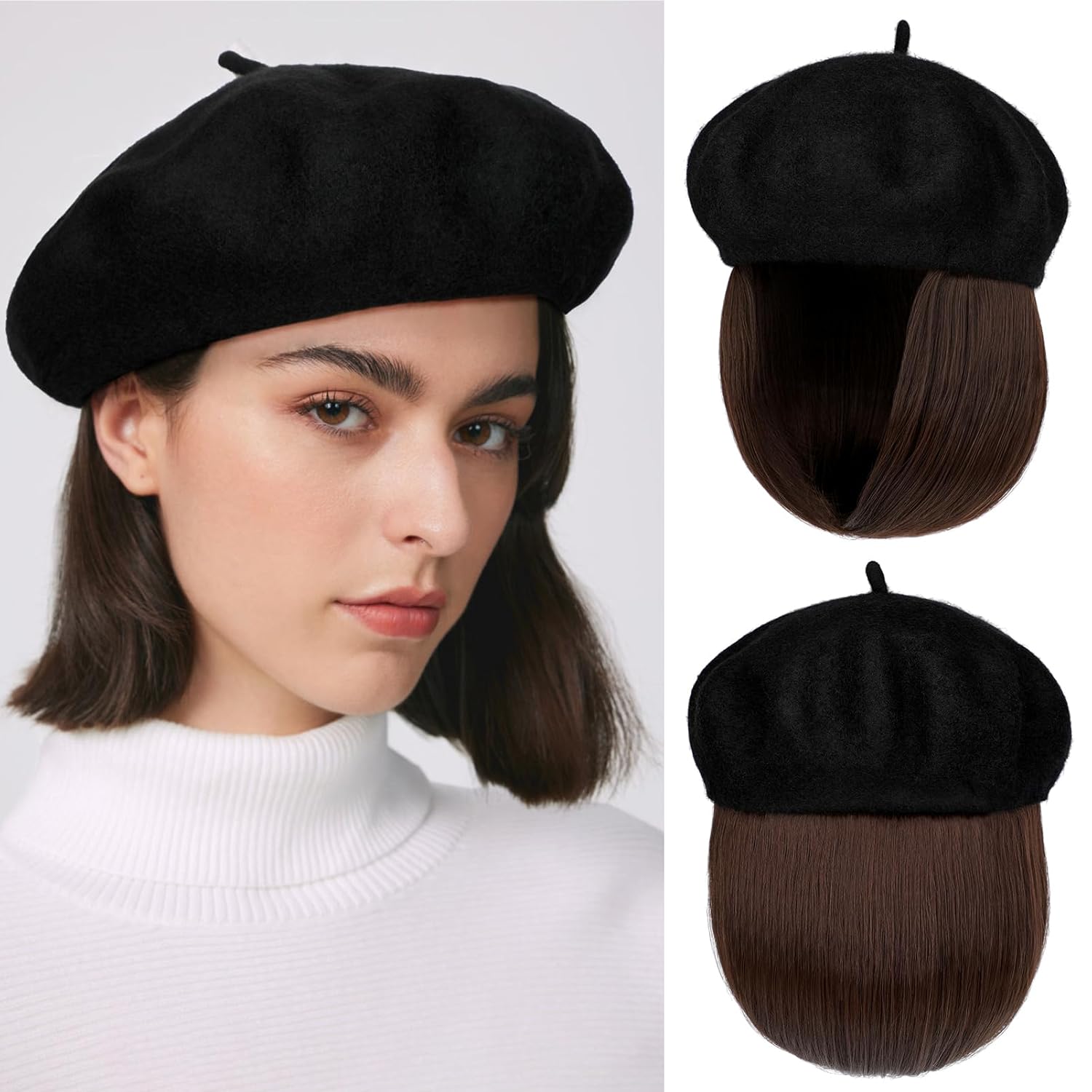 Gorro de boina con extensiones de cabello, sombrero clásico de lana francesa adjunta, 12 pulgadas, lacio, corto, Bob sintético, para mujer, marrón