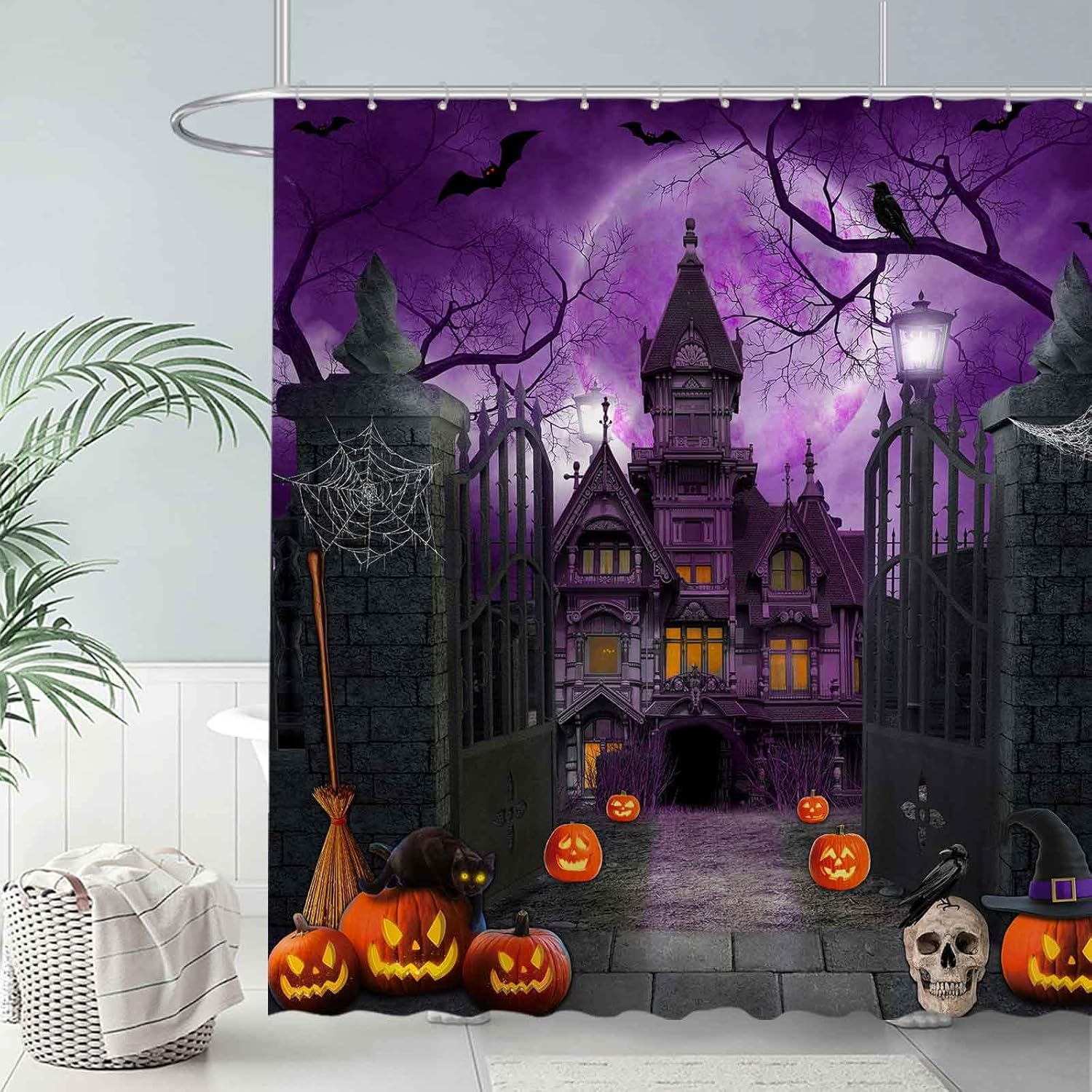 Allenjoy Cortina de ducha de Halloween de 72 x 72 pulgadas para baño, juego de cortina de ducha de noche aterradora, luna gótica, casa encantada,