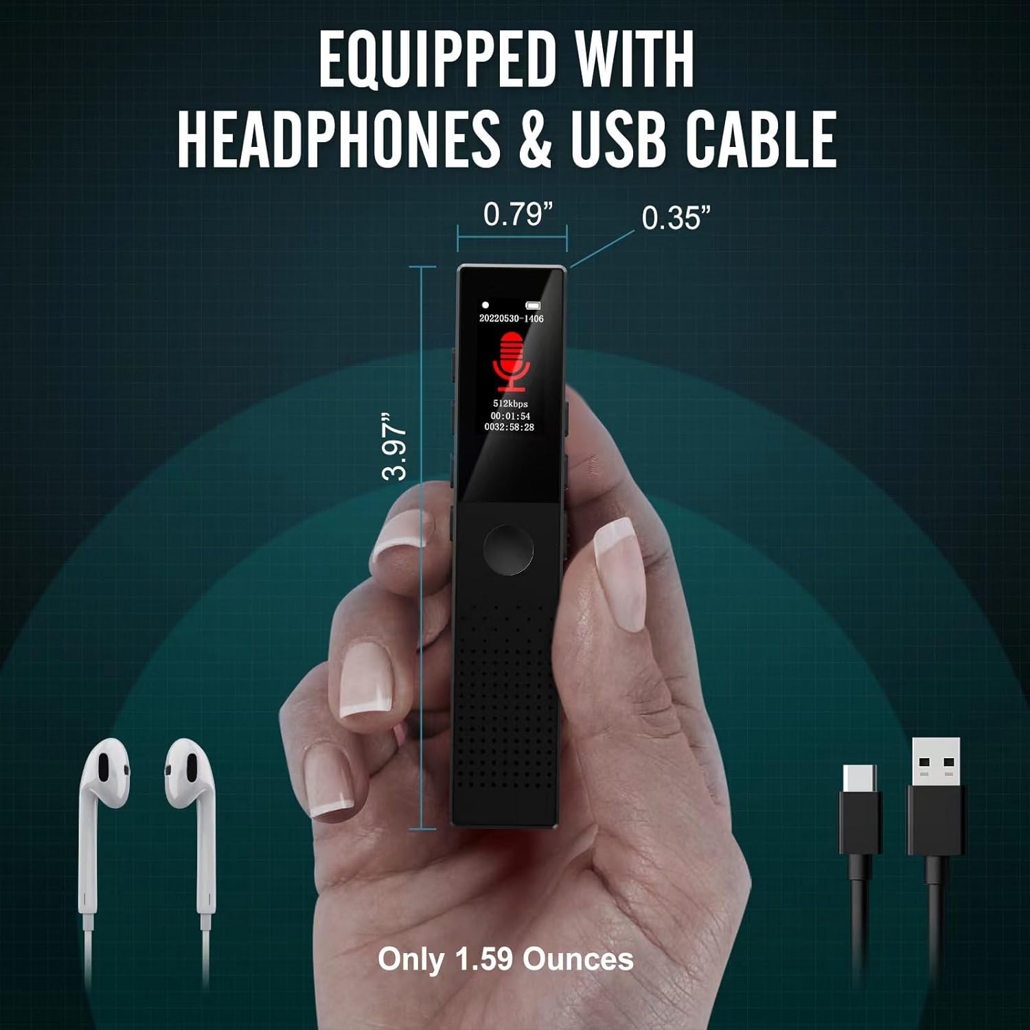 Grabadora de voz digital de 64 GB, grabación HD de audio de voz sin ruido de 3072 Kbps, grabadora activada por voz para 550 horas de capacidad de