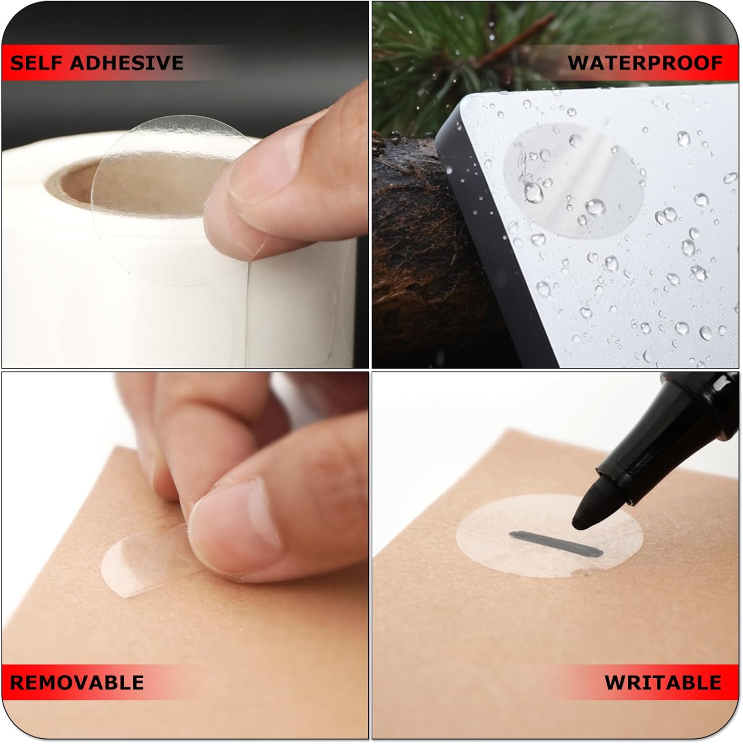 Etiqueta redonda transparente de 1 pulgada, autoadhesiva, sello de oblea de punto, impermeable, extraíble para paquete minorista, rollo de sobres de