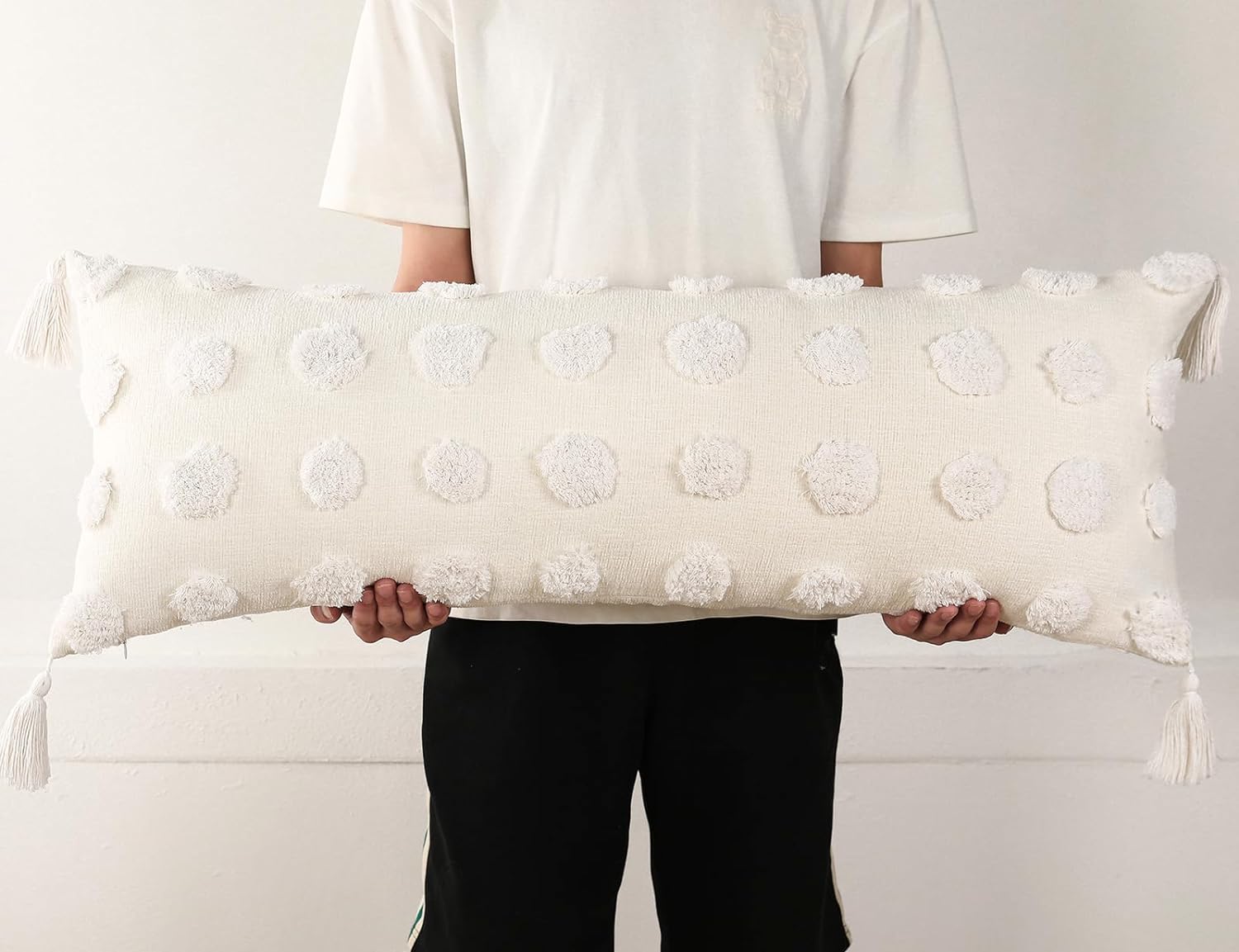 PANOD Funda de almohada lumbar larga decorativa de 14 x 36 pulgadas, bohemia, funda de almohada lumbar de felpilla súper suave con borlas para cama,