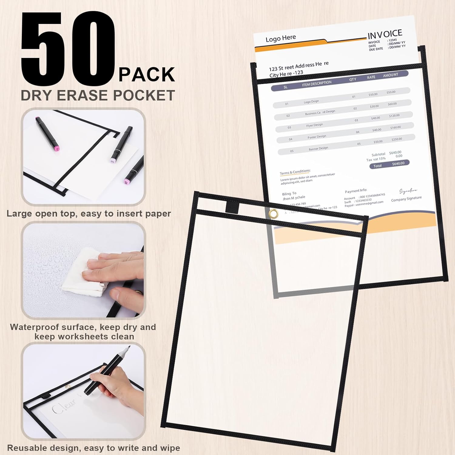 Paquete de 50 soportes para boletos de trabajo, 10 x 13.7 pulgadas, fundas transparentes de bolsillo, bolsillos de borrado en seco, fundas