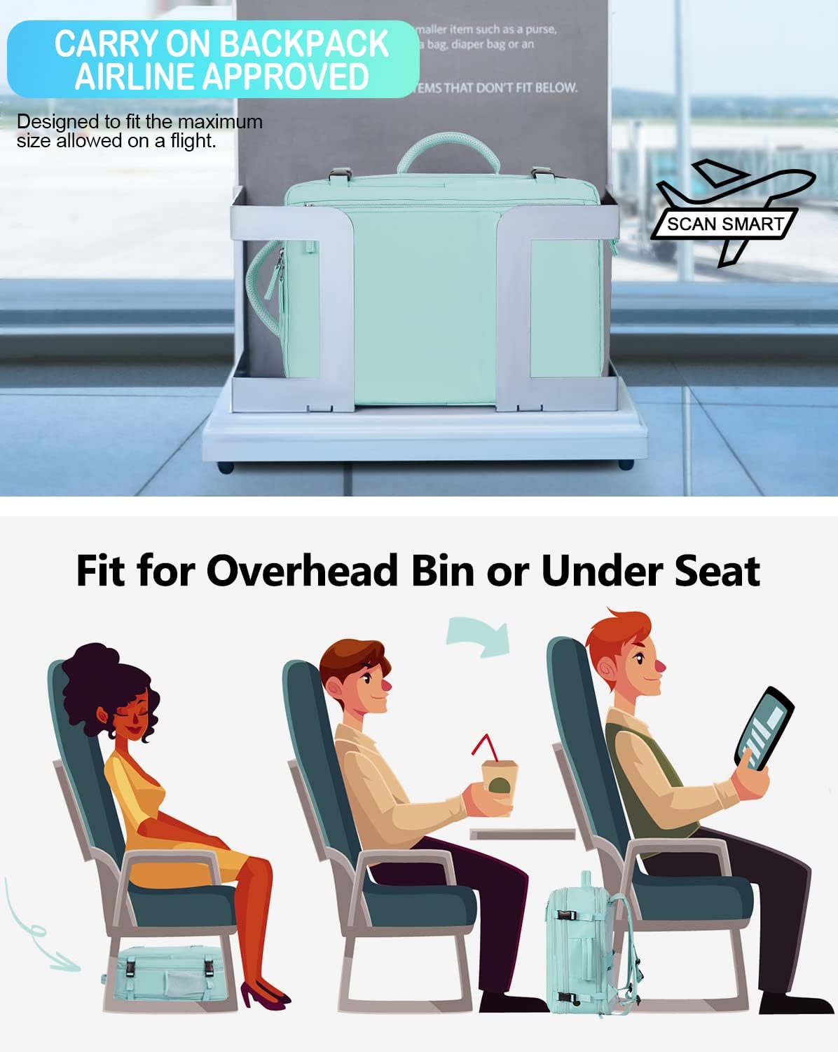 Getravel Mochila de mano aprobada por aerolíneas, mochila de viaje para hombres y mujeres, Azul claro-verde, Mochilas de viaje