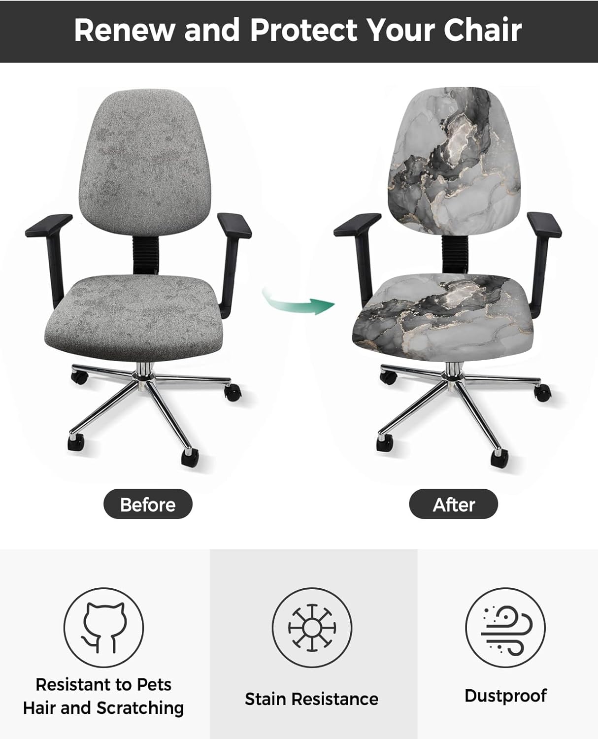TweetyBed Funda para silla de oficina, diseño de mármol negro y gris, elástico, universal, para silla de computadora, abstracto, lujoso, geométrico,
