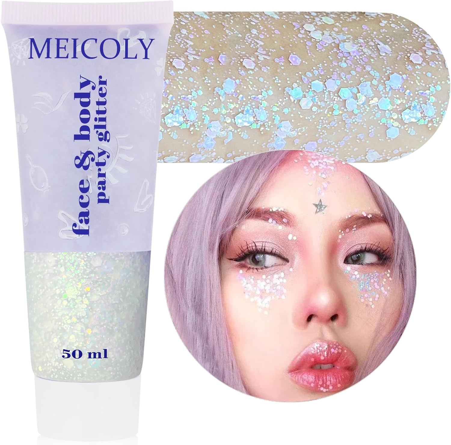 MEICOLY Purpurina blanca iridiscente camaleón, pintura con purpurina gruesa para cara de sirena, gel de purpurina de cara de sirena que cambia de