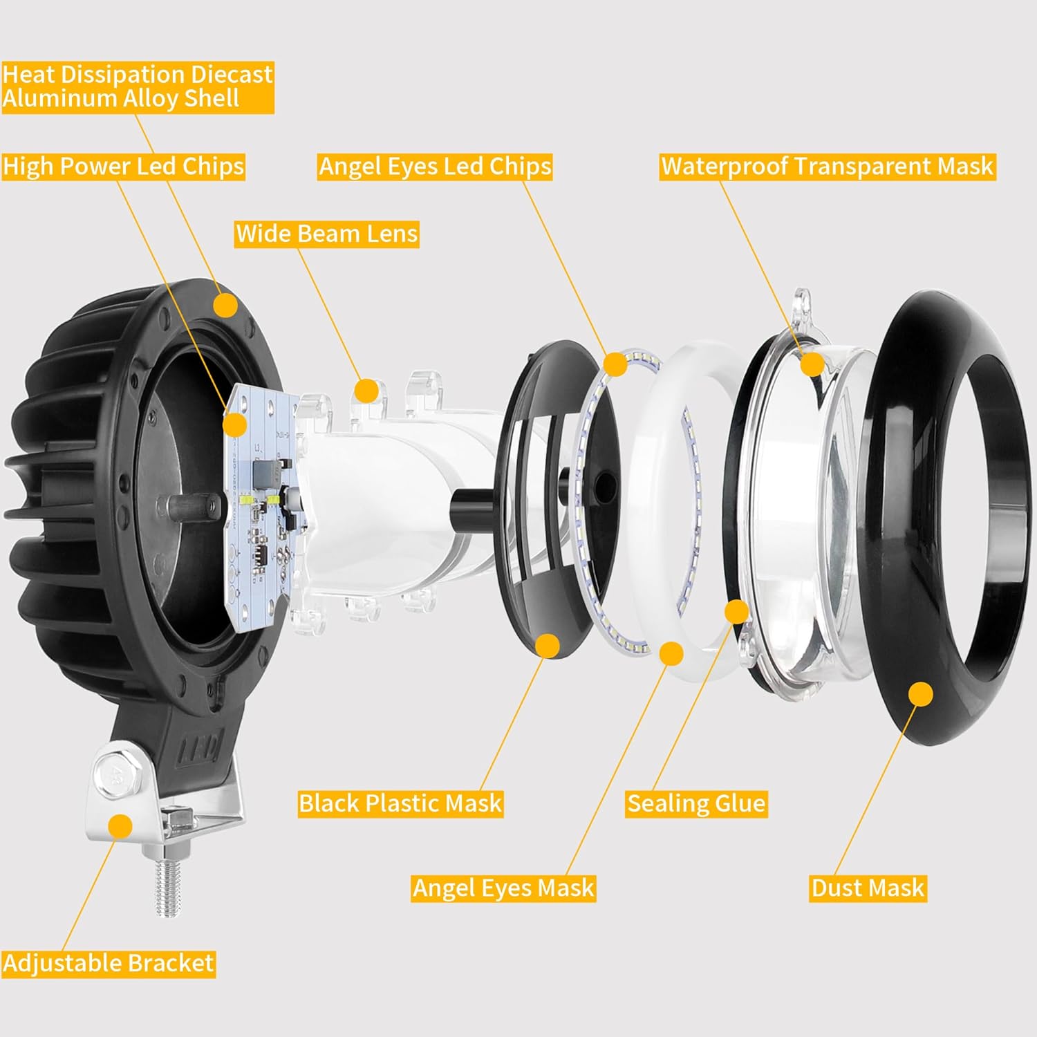 Luz LED de trabajo de 5 pulgadas, 30 W, haz de inundación LED blanco para automóvil, 4×4, todoterreno, camión, ATV 12V 24V, ojos de ángel, rojo,