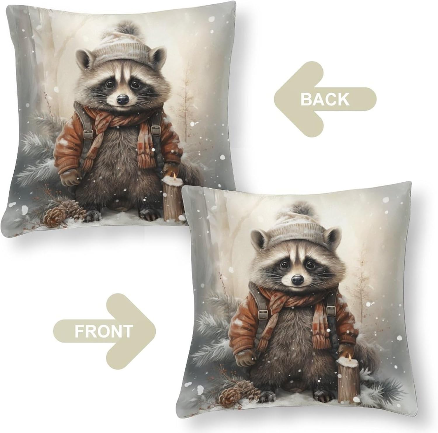 HighonHi Fundas de almohada decorativas de 26 x 26 pulgadas, lindas fundas de cojín de satén de dibujos animados de mapache de Navidad, nieve e