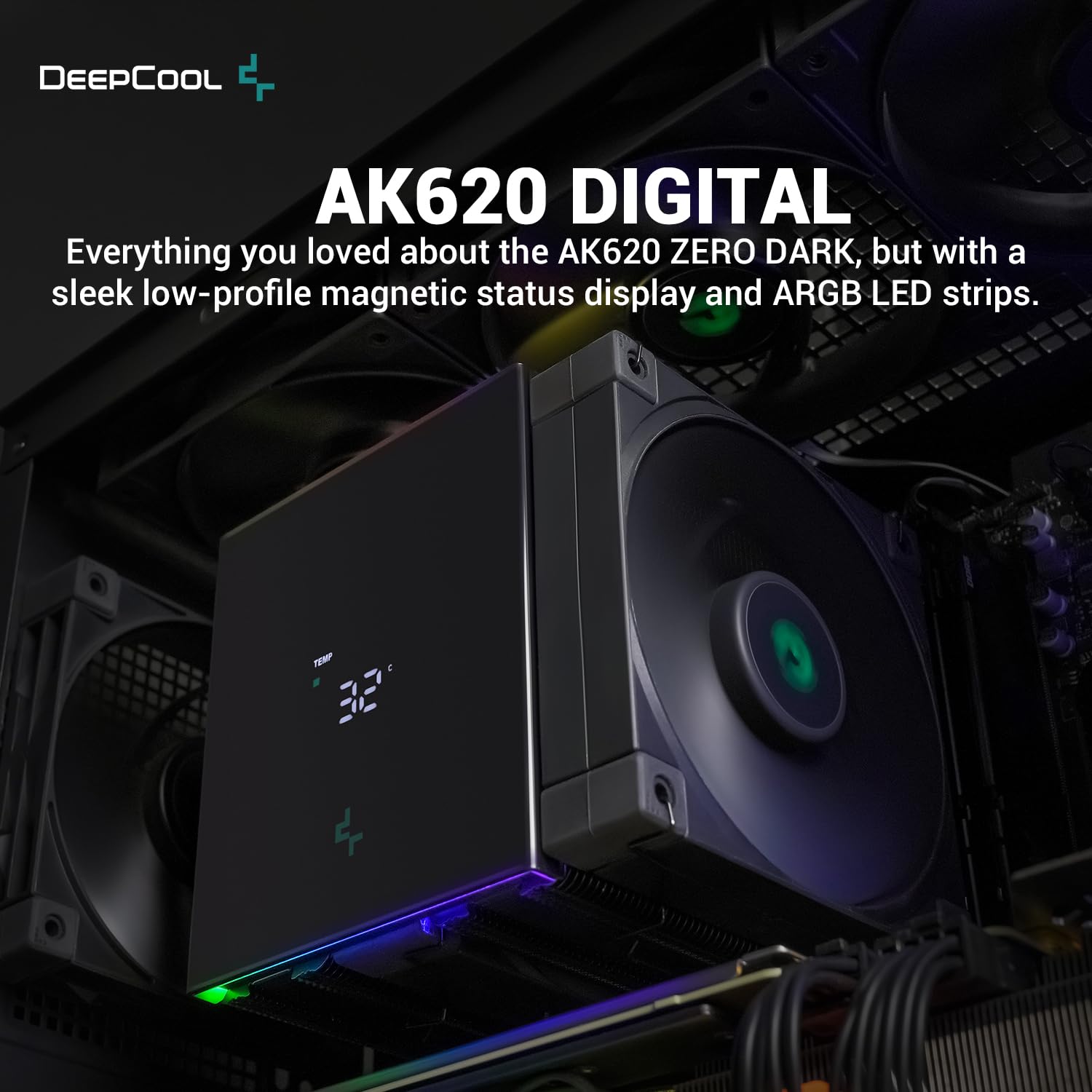 DeepCool AK620 Enfriador de aire digital para CPU Mighty 260w TDP 6 tubos de calor de cobre de doble torre con pantalla de estado y tiras LED ARGB