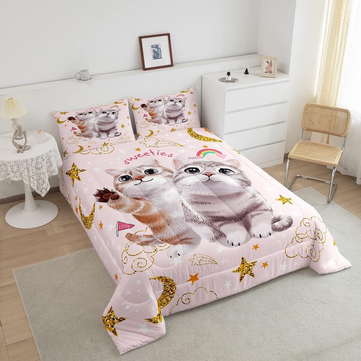 Juego de edredón con diseño de gato y luna brillante, juego de ropa de cama con estampado de gatos, juego de edredón acolchado de gatito rosa para