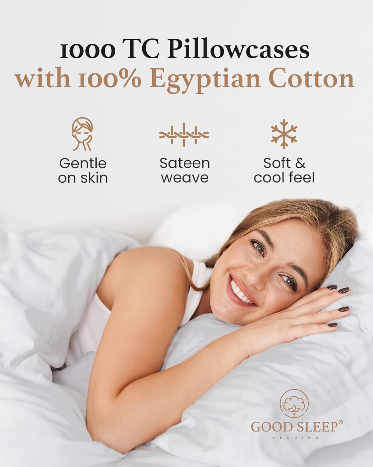 Juego de 2 fundas de almohada estándar de 1000 hilos, 100% algodón egipcio, con tejido de satén y algodón de fibra larga, suaves y sedosas, como