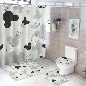RUTIFY Juego de 4 cortinas de ducha de dibujos animados lindos con alfombras antideslizantes, cubierta para tapa de inodoro y tapete de baño, juego RUTIFY Juego de 4 cortinas de ducha de dibujos animados lindos con alfombras antideslizantes, cubierta para tapa de inodoro y tapete de baño, juego