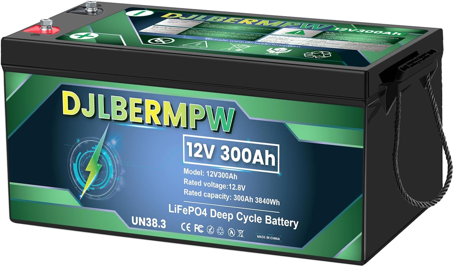 Batería de litio LiFePO4 de 12 V 300 Ah 3840 W BMS integrado, hasta 15000 ciclos y 10 años de vida útil, batería de ciclo profundo para RV, marina,