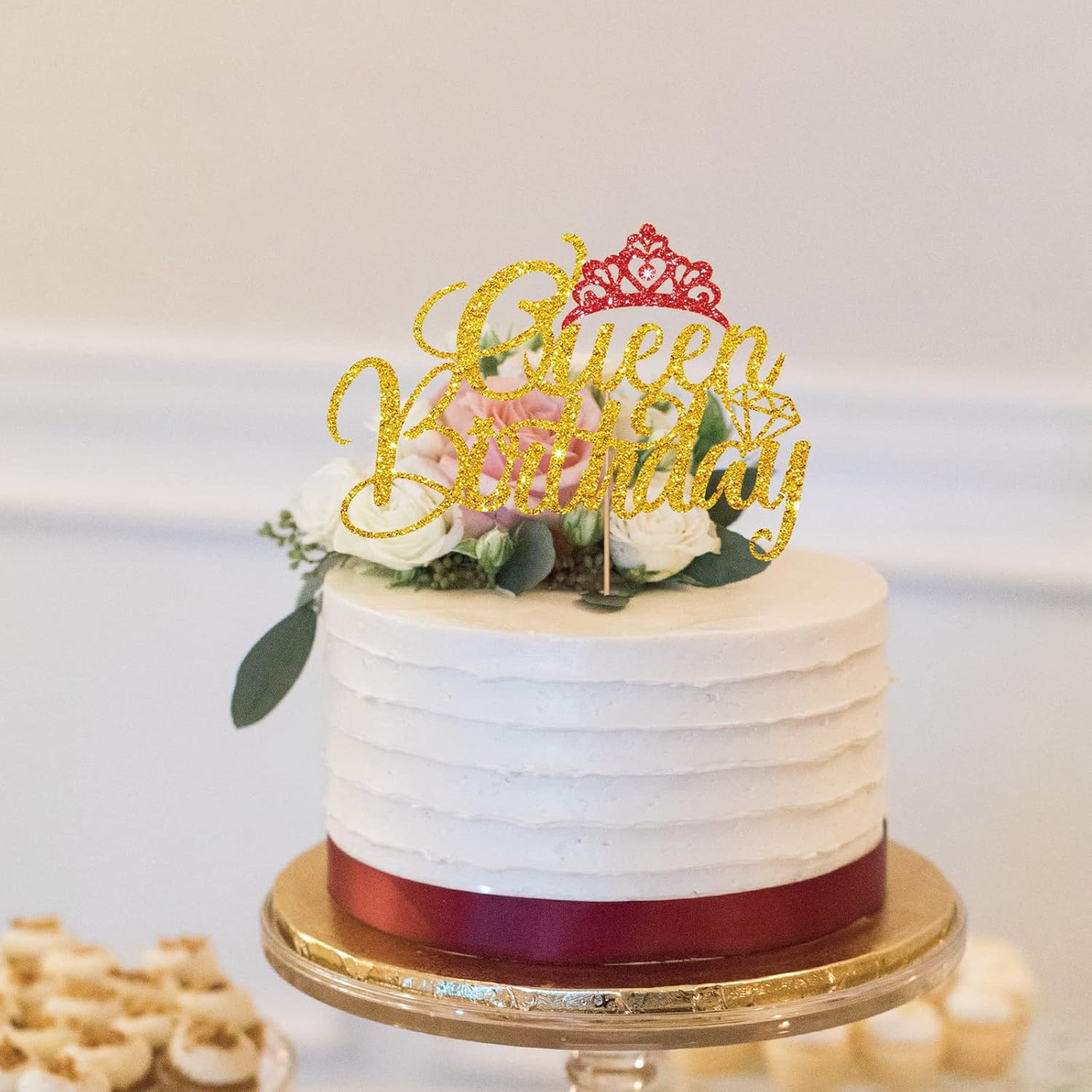 Decoración de pastel de cumpleaños Gold Queen para mujer, decoración de fiesta de cumpleaños, decoración de corona con purpurina roja, decoración de