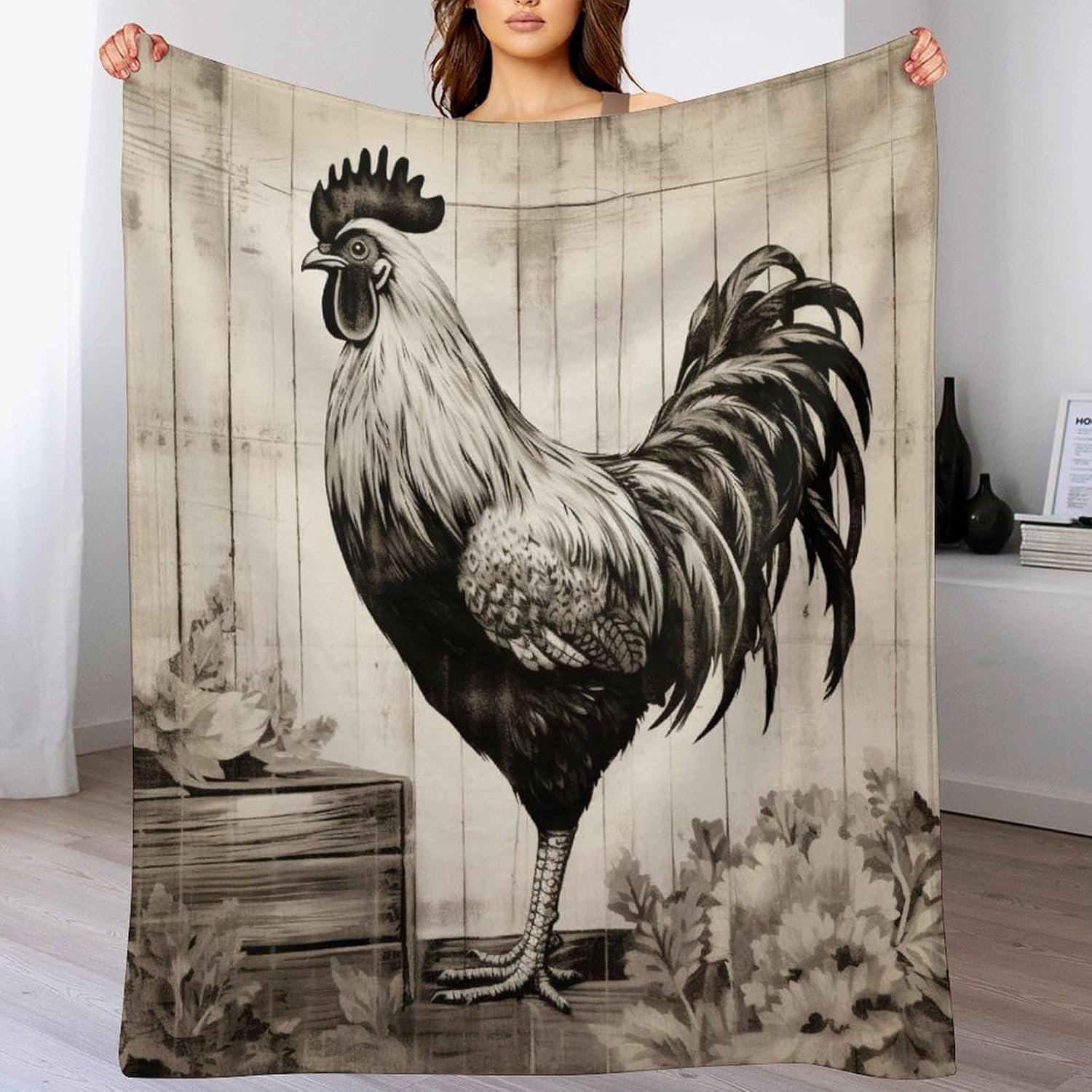 MaSiledy Manta rústica de gallo de granja, color blanco y negro, manta de vellón de felpa rústica de 40 x 50 pulgadas, manta de franela de felpa