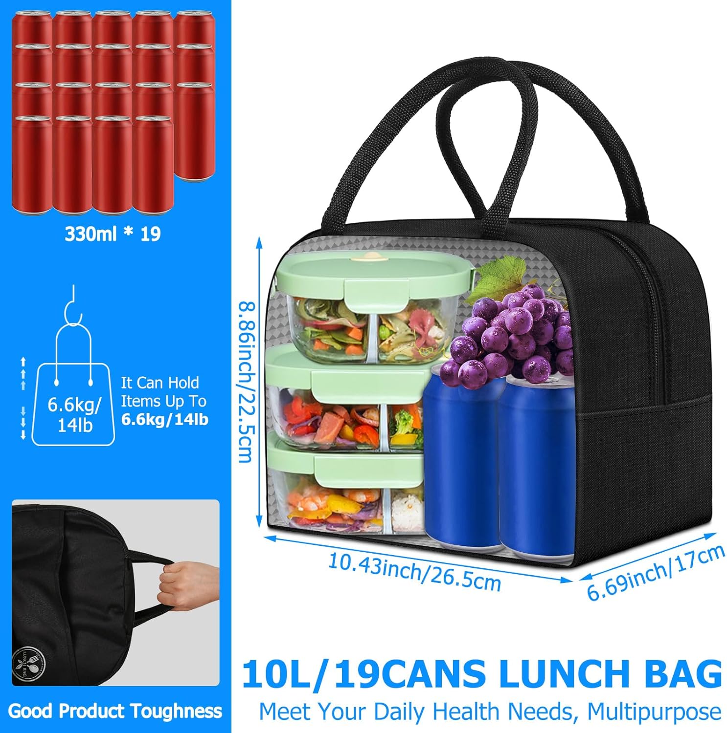 Lonchera térmica de 10 litros y 19 latas para mujeres y hombres, lonchera reutilizable para oficina, trabajo, picnic, playa, viajes, a prueba de