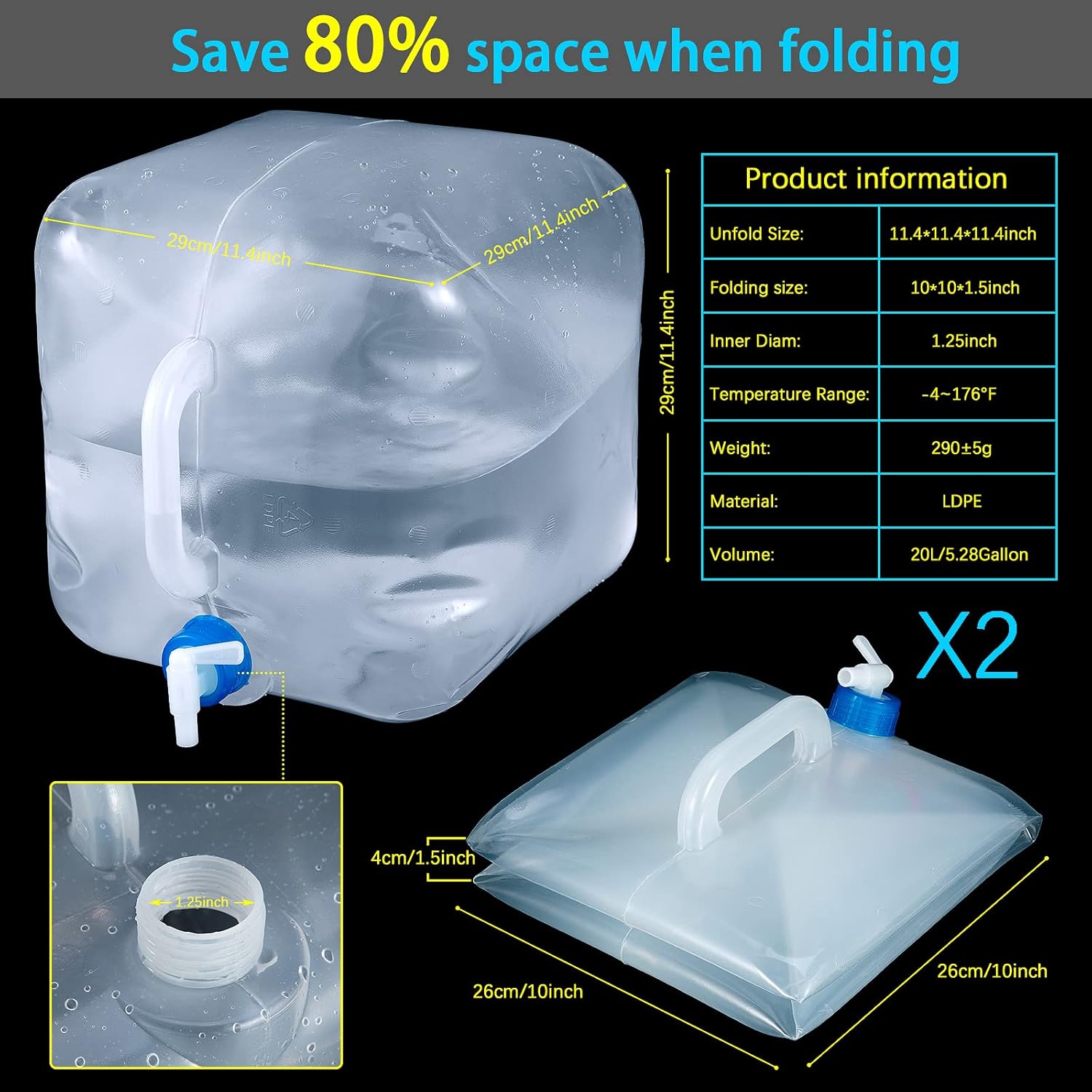 CINPIUK Contenedor de agua plegable de 5 galones con espiga, jarra de agua para camping, cubo de almacenamiento de agua al aire libre, agua portátil