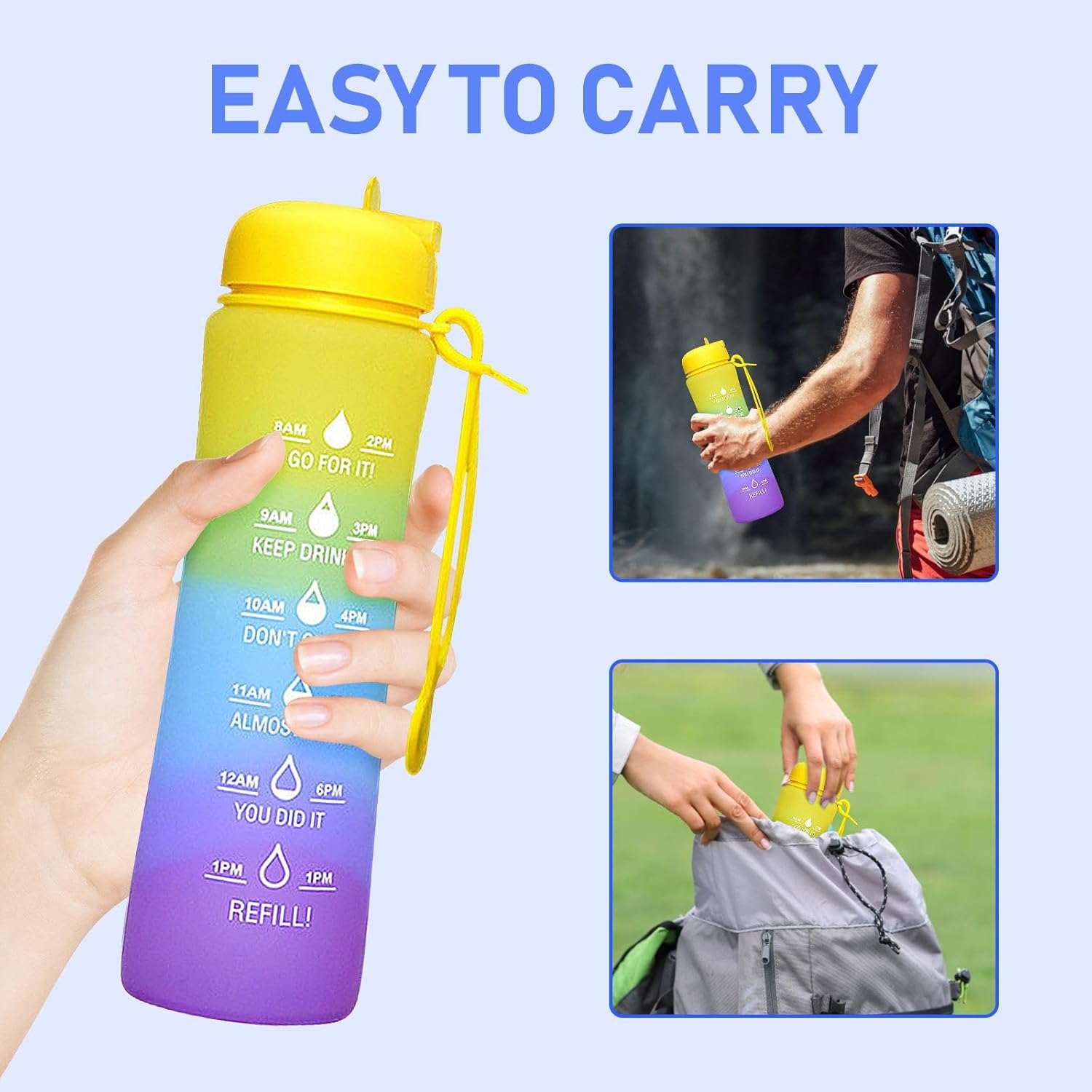Botella de agua plegable con marcador de tiempo, botella de agua deportiva de 20 onzas, grande, a prueba de fugas, reutilizable, sin BPA, botellas