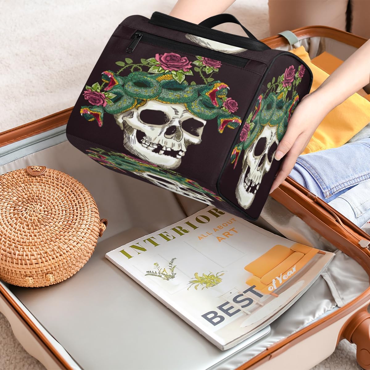 Neceser de Halloween con diseño de calaveras de azúcar para mujer, organizador de maquillaje de viaje con gancho para colgar, bolsas de cosméticos