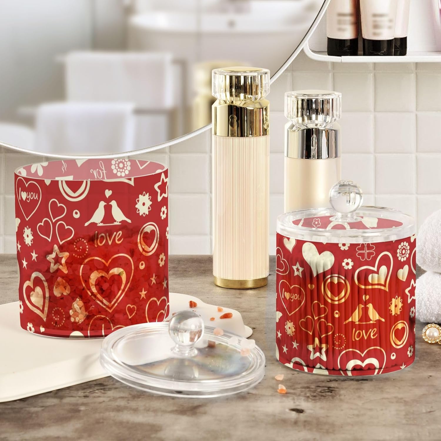 Hearts Valentines Day Jars with Lids Plastic Jars Bathroom Containers Canister Jar Cotton Pad Holder for Dorm Room Essentials for College Students