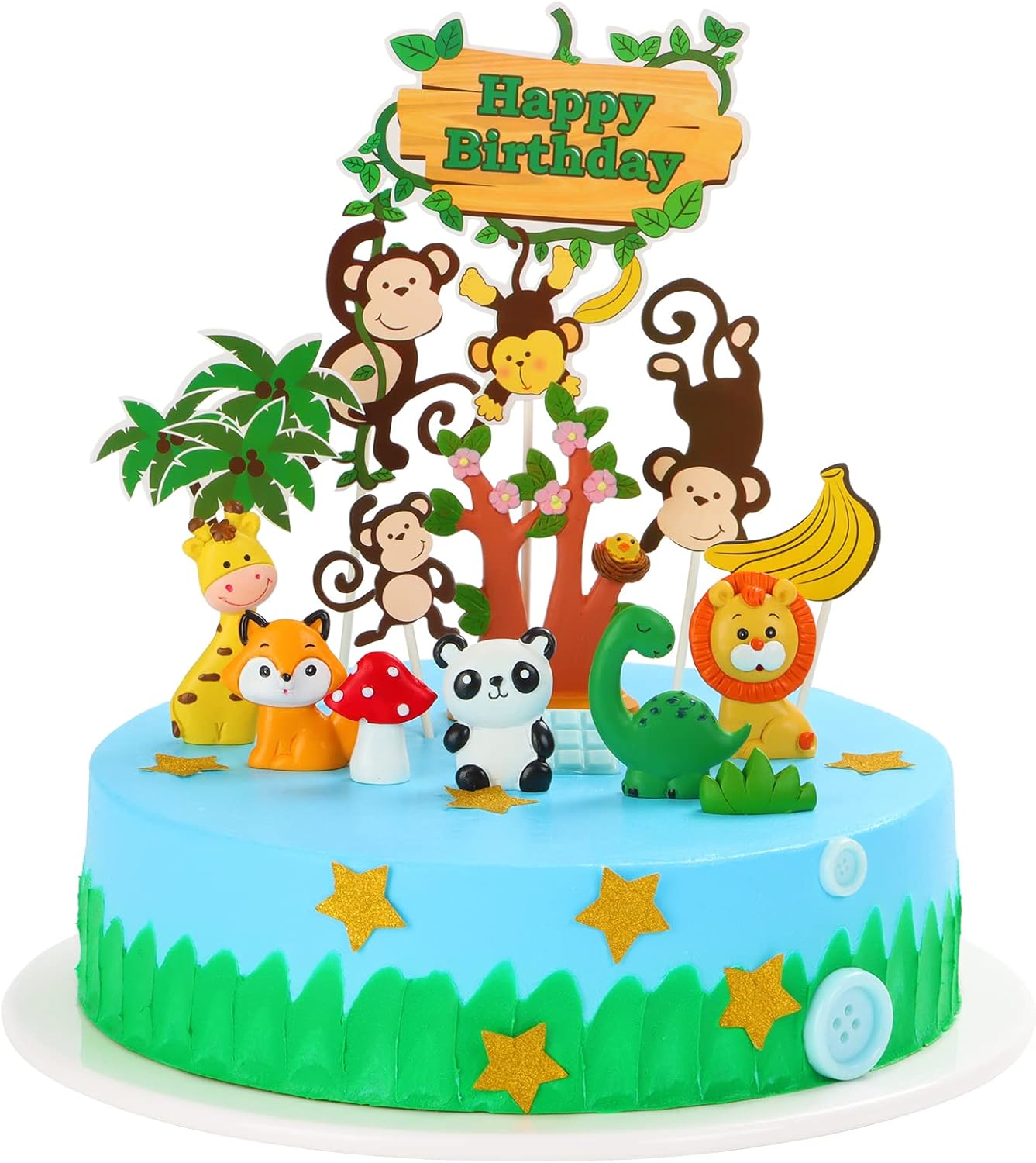 Decoración para tartas con temática de selva para niños, diseño de dinosaurio, elefante, animales, safari, feliz cumpleaños, temática de selva (tema