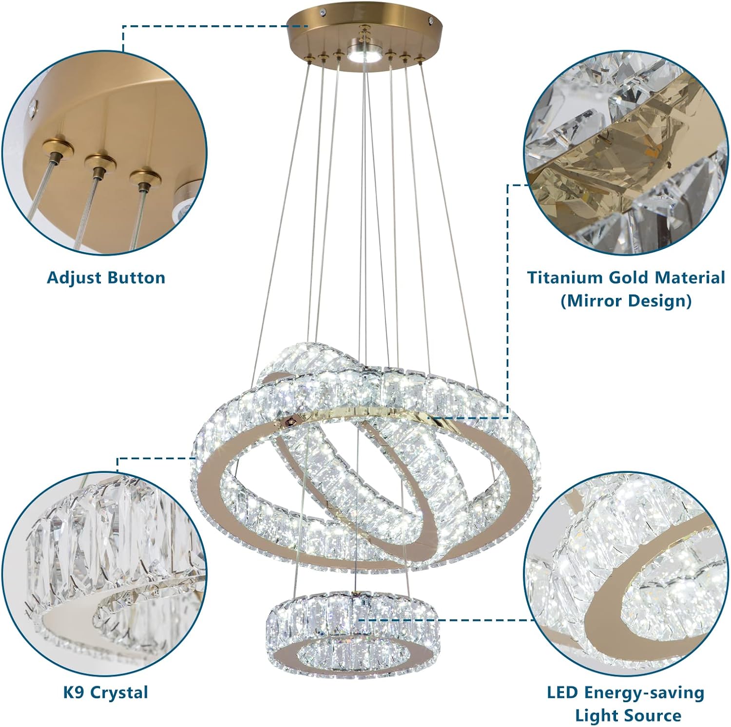 Candelabro moderno de 3 anillos de oro con lámpara colgante LED de cristal para comedor, dormitorio, sala de estar, vestíbulo (blanco frío)