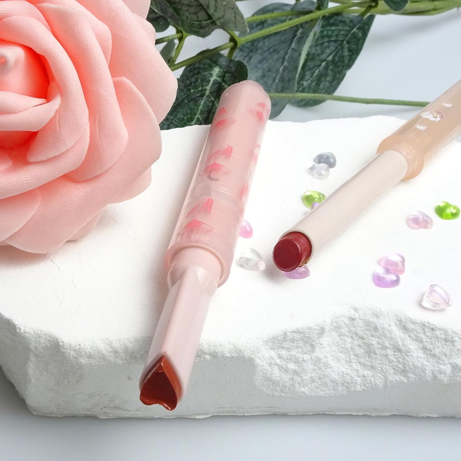 KWOLYKIM Lápiz labial de gelatina de 2 colores y lápiz labial mate, en forma de corazón, bálsamo labial teñido de amor y esmalte labial cremoso de