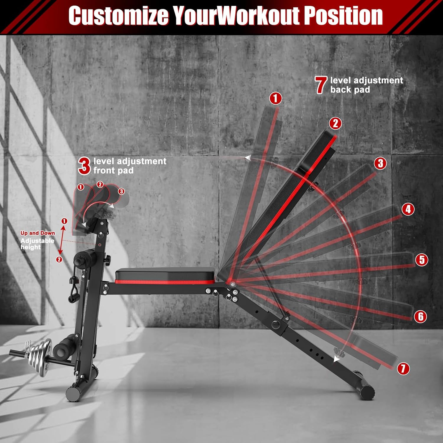 XDDIAS Banco de pesas, banco de entrenamiento de fuerza ajustable para entrenamiento de cuerpo completo, bancos inclinados plegables para gimnasio